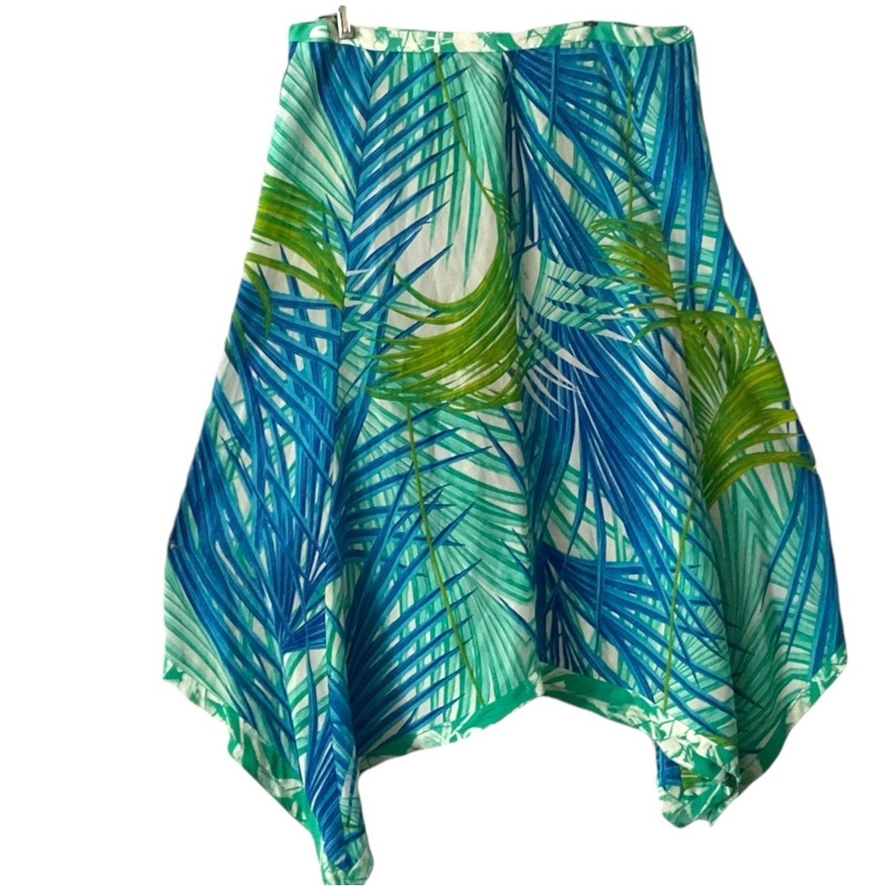 New York & Company Blue and Green Palm-Print Handkerchief Hem Skirt